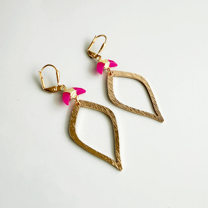 Fuchsia Crescent Halo Dangle Earrings in Brushed Gold