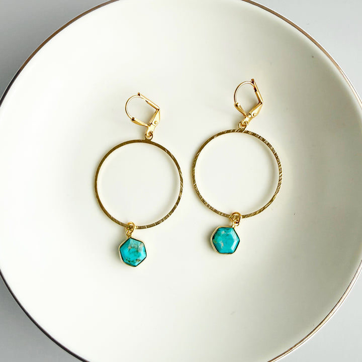 Turquoise Hoop Dangle Earrings in Brushed Gold