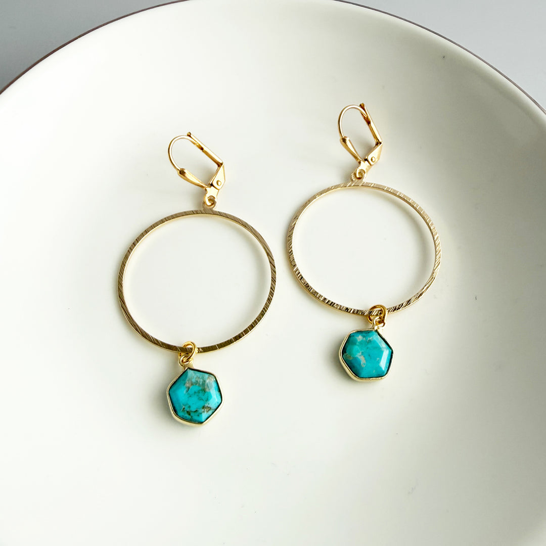 Turquoise Hoop Dangle Earrings in Brushed Gold