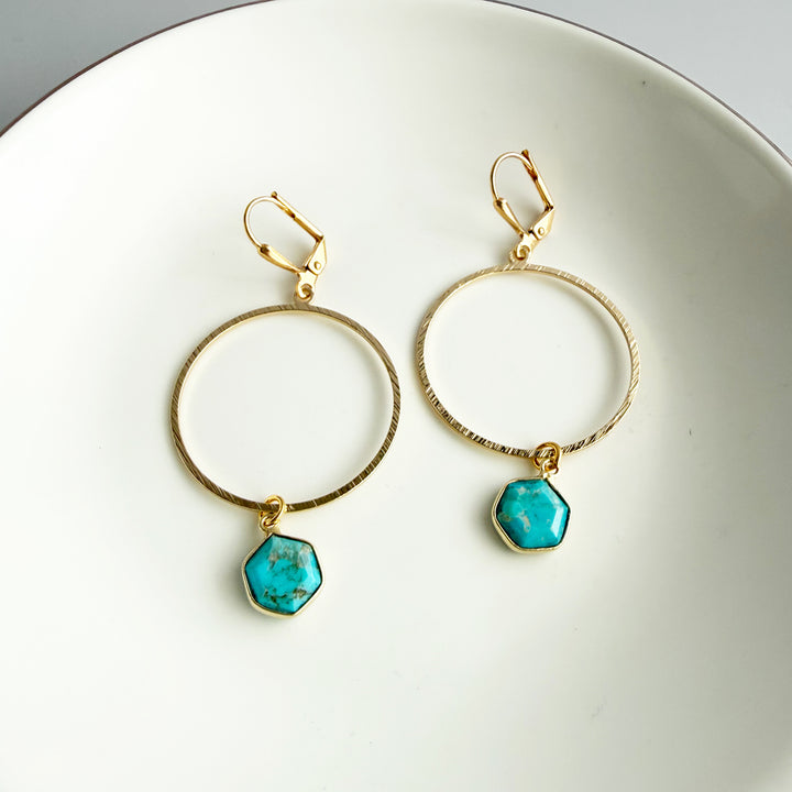 Turquoise Hoop Dangle Earrings in Brushed Gold
