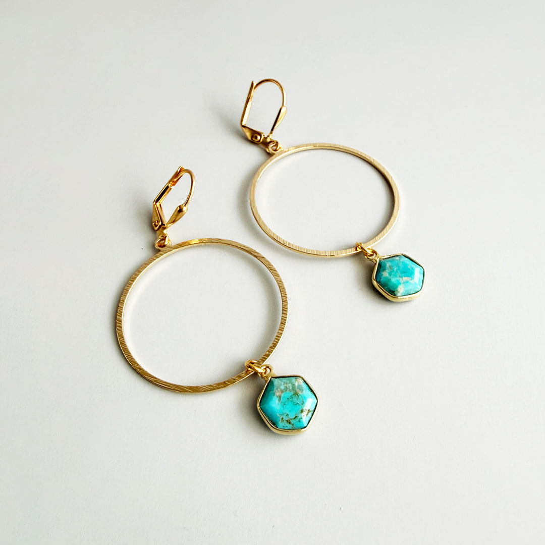 Turquoise Hoop Dangle Earrings in Brushed Gold