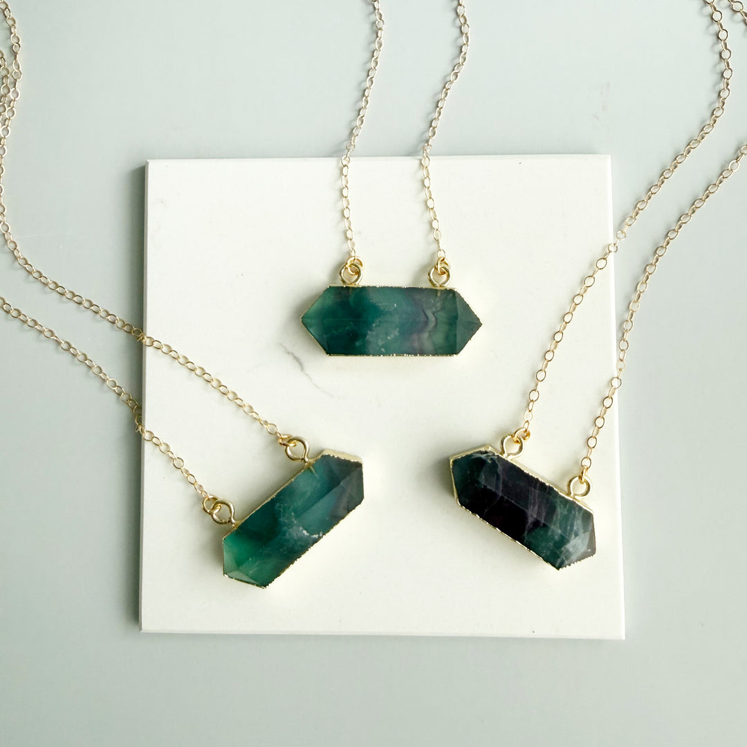 Large Fluorite Stone Bar Necklace in Gold