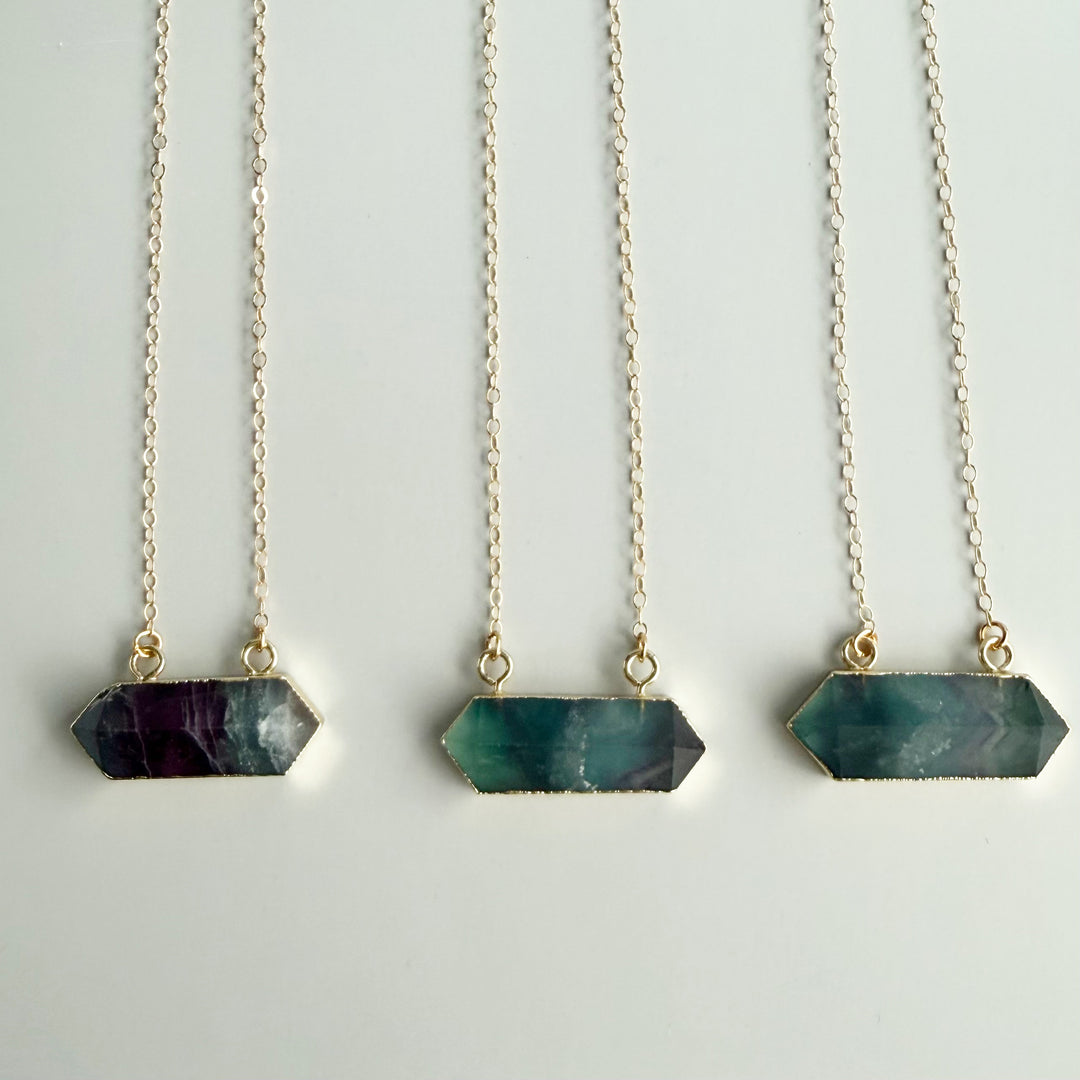 Large Fluorite Stone Bar Necklace in Gold