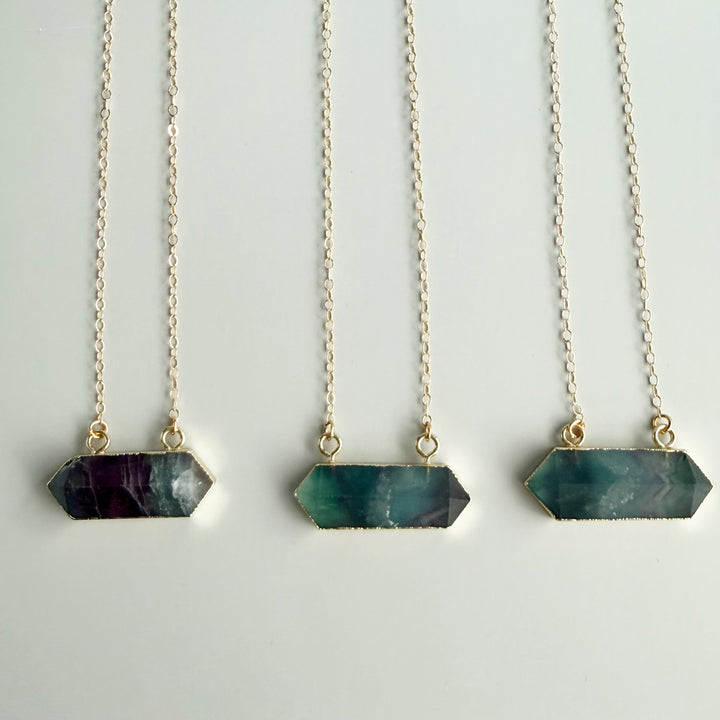 Large Fluorite Stone Bar Necklace in Gold