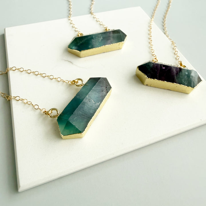 Large Fluorite Stone Bar Necklace in Gold