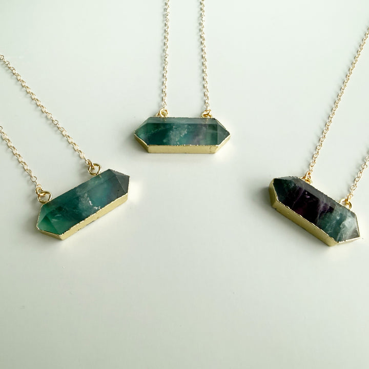 Large Fluorite Stone Bar Necklace in Gold