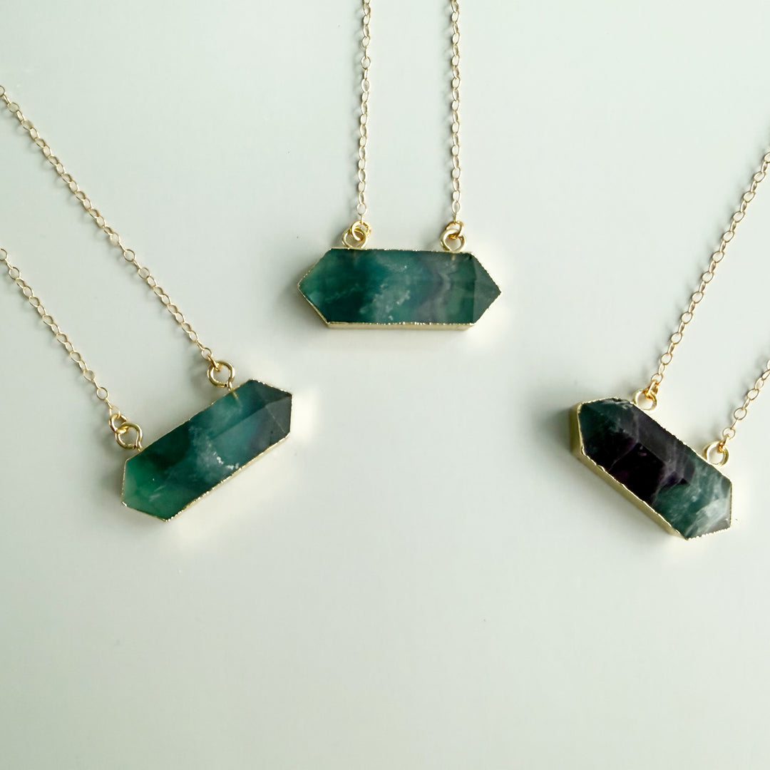 Large Fluorite Stone Bar Necklace in Gold