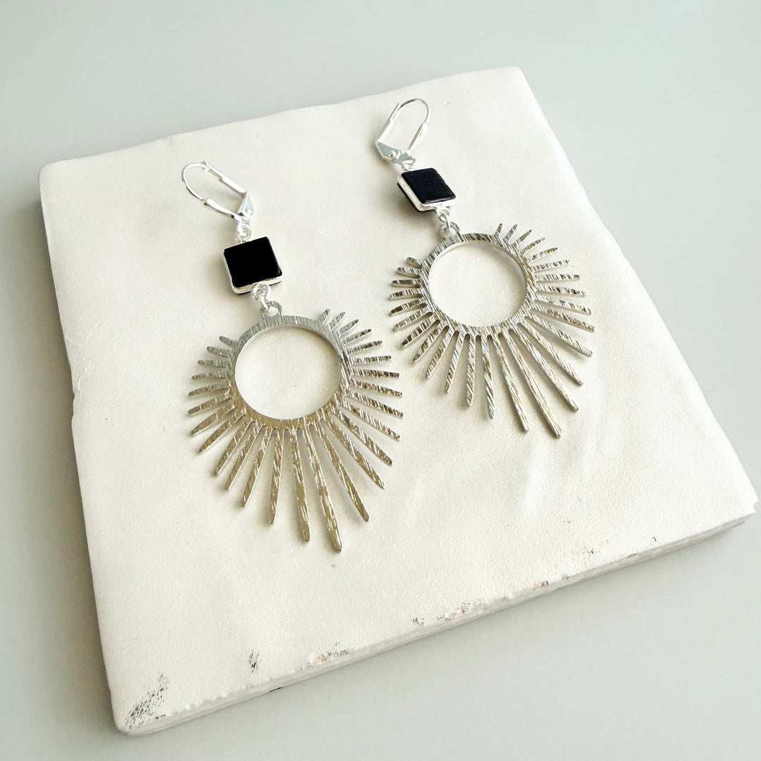 Black Onyx Sunburst Statement Earrings in Brushed Silver