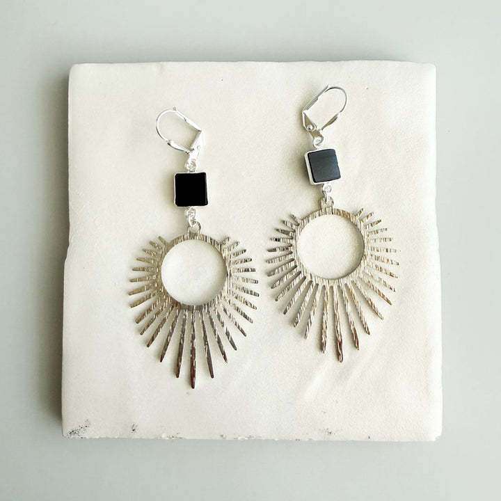Black Onyx Sunburst Statement Earrings in Brushed Silver
