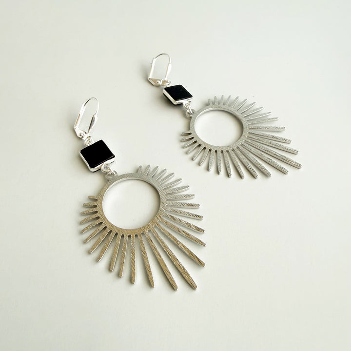 Black Onyx Sunburst Statement Earrings in Brushed Silver