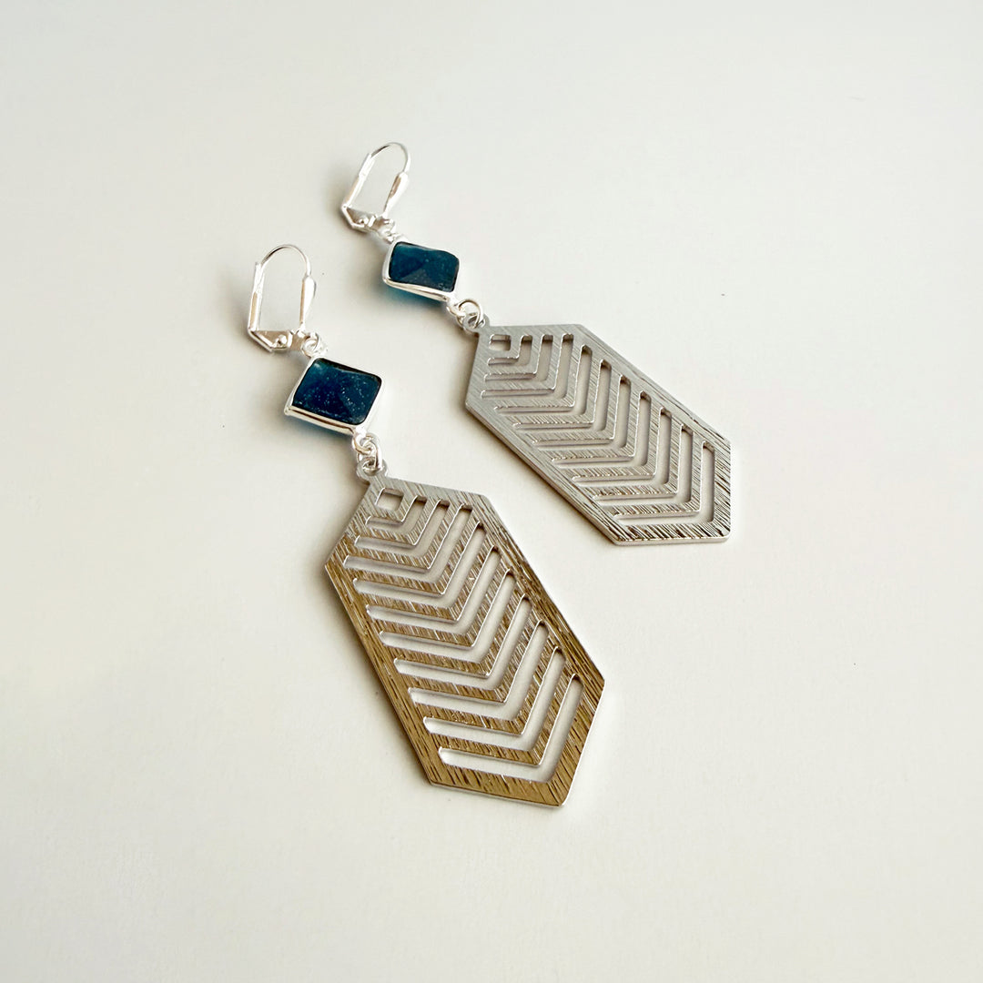 Apatite Chevron Dangle Earrings in Brushed Silver