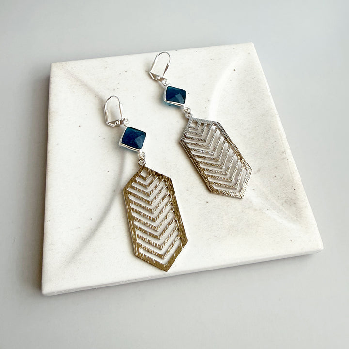 Apatite Chevron Dangle Earrings in Brushed Silver