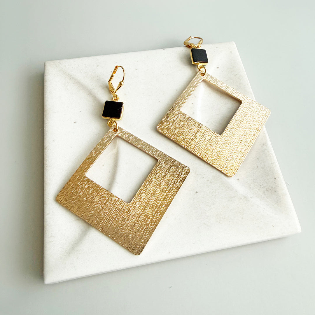 Black Onyx Diamond Pendant Statement Earrings