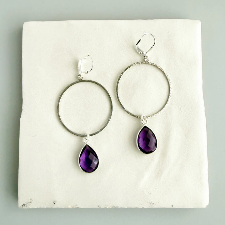 Amethyst Teardrop Hoop Dangle Earrings in Brushed Silver