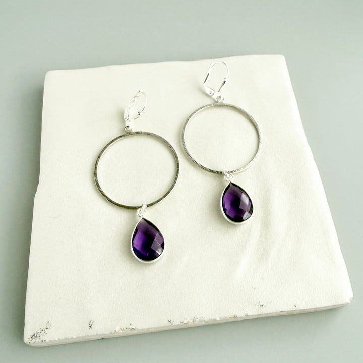 Amethyst Teardrop Hoop Dangle Earrings in Brushed Silver