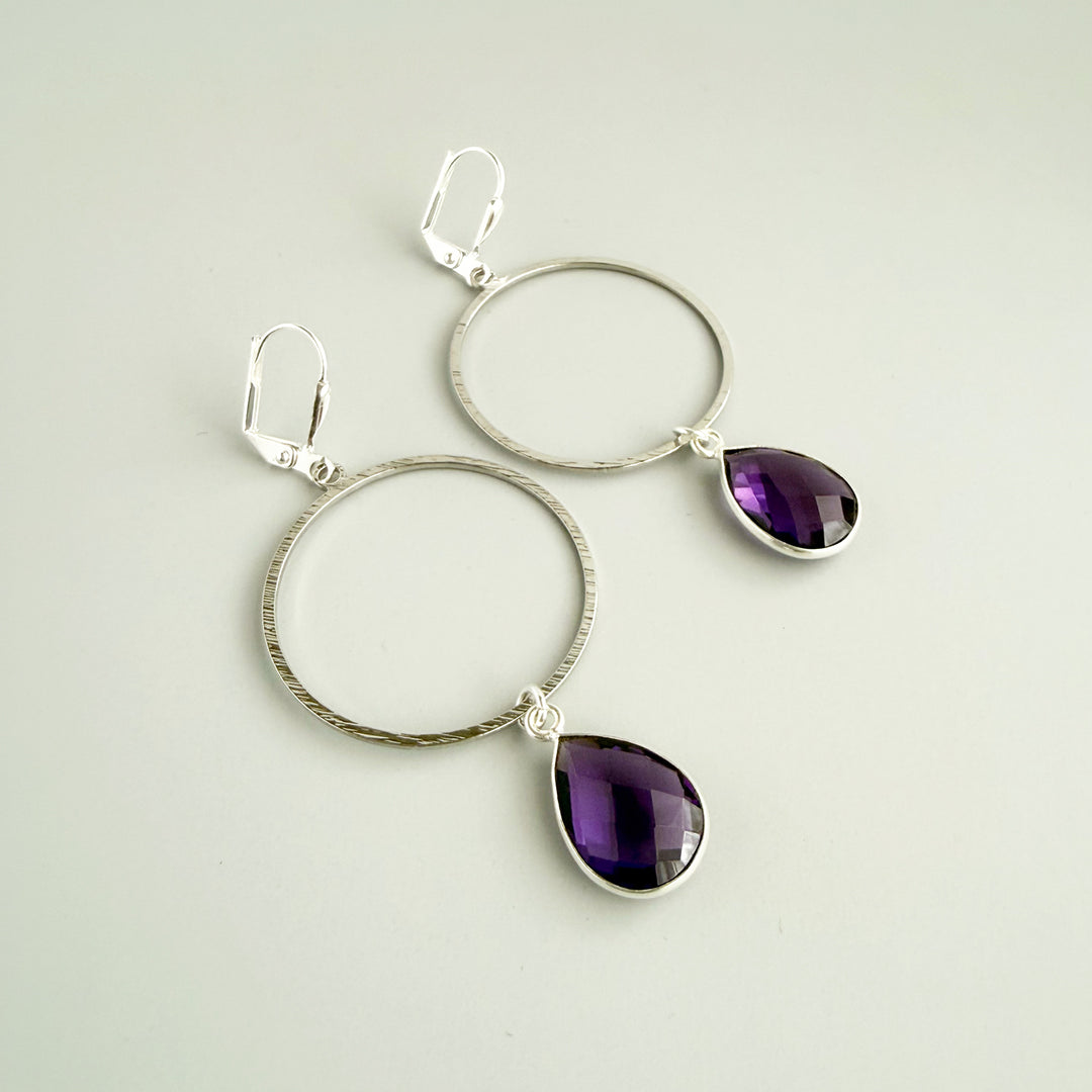 Amethyst Teardrop Hoop Dangle Earrings in Brushed Silver