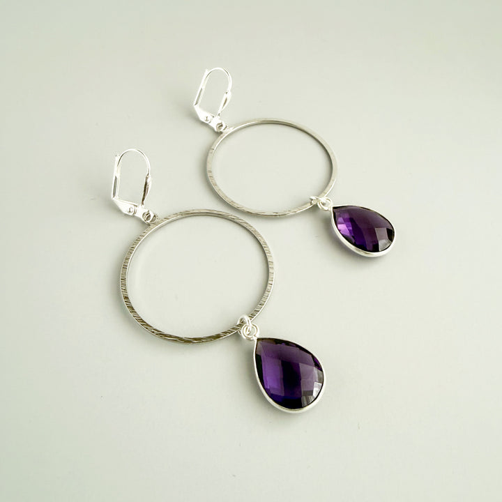 Amethyst Teardrop Hoop Dangle Earrings in Brushed Silver