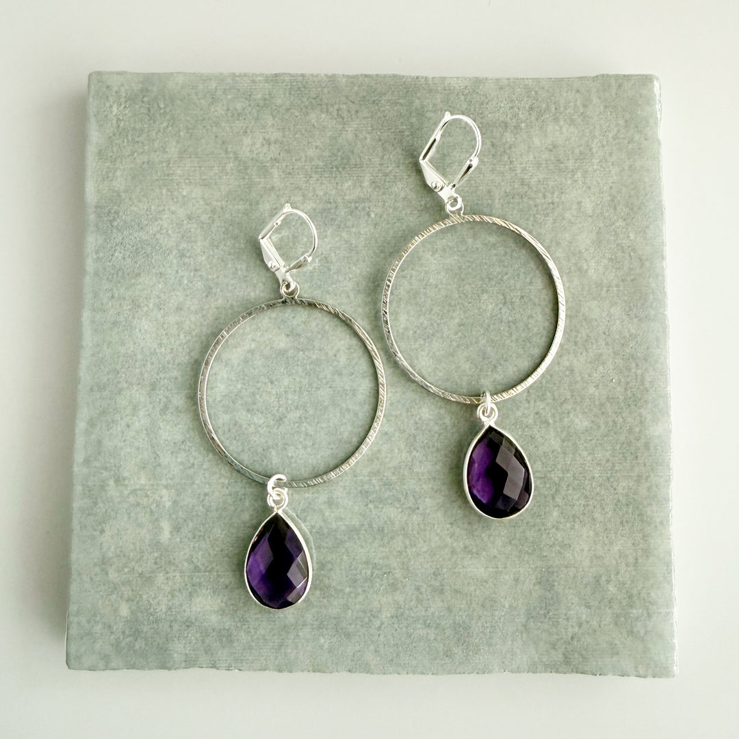 Amethyst Teardrop Hoop Dangle Earrings in Brushed Silver