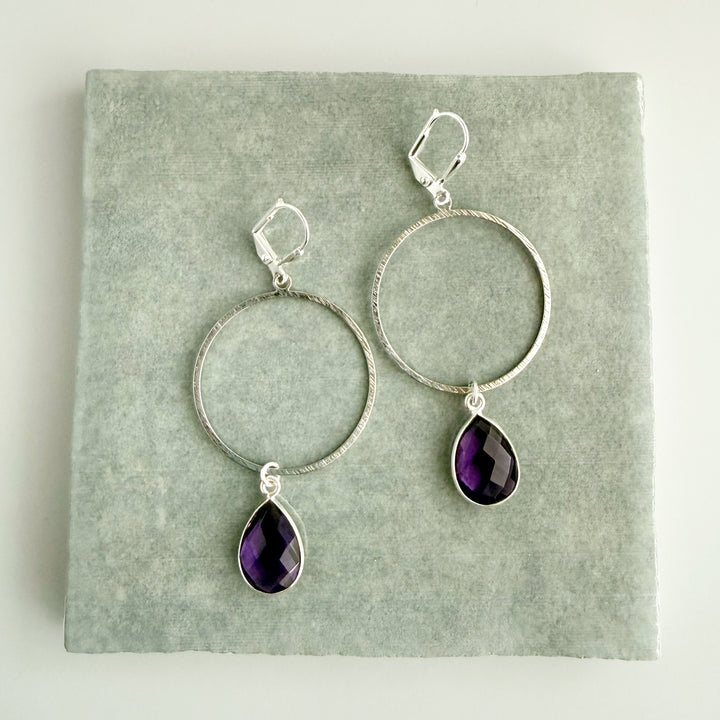 Amethyst Teardrop Hoop Dangle Earrings in Brushed Silver