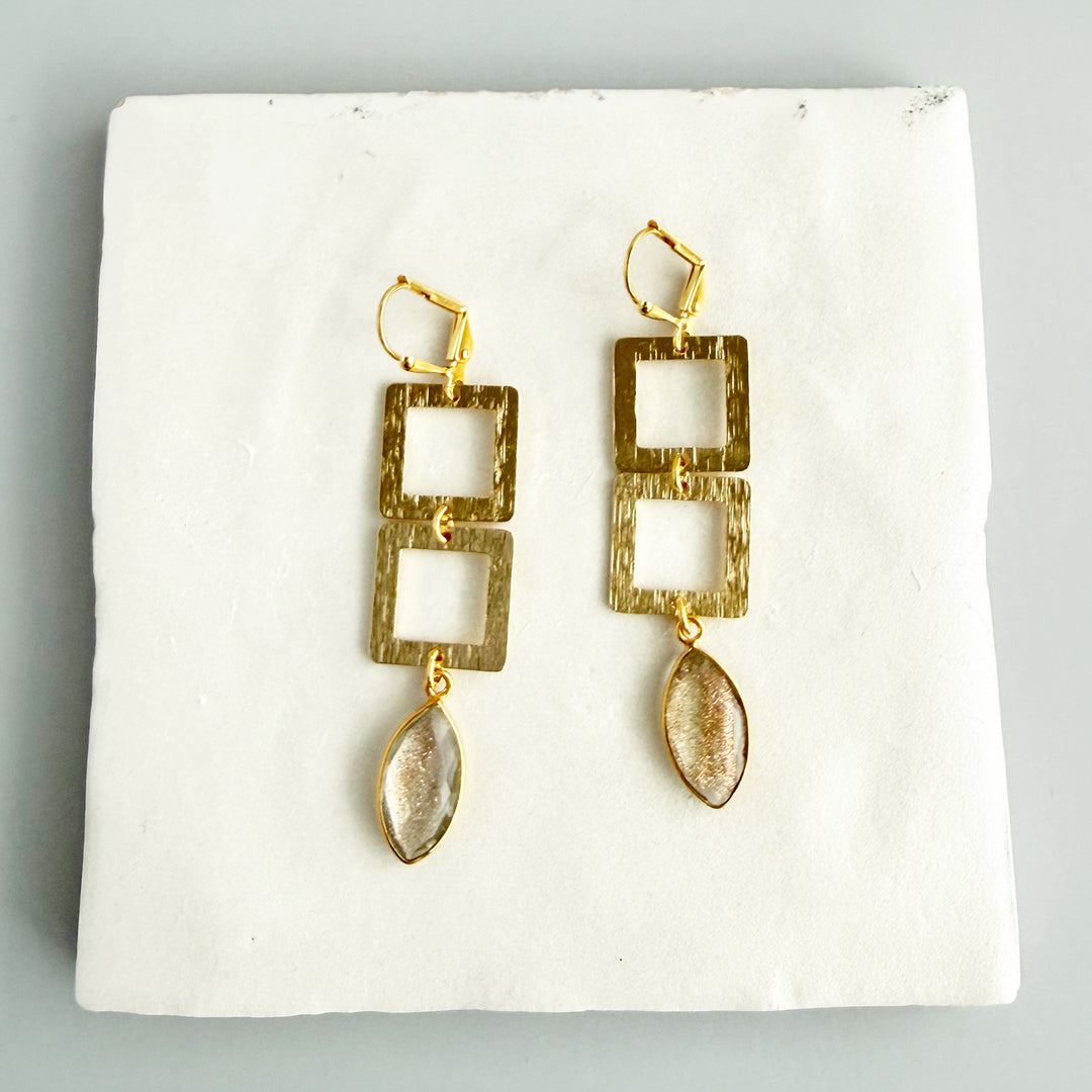 Copper Infused Stone and Square Dangle Earrings in Brushed Gold