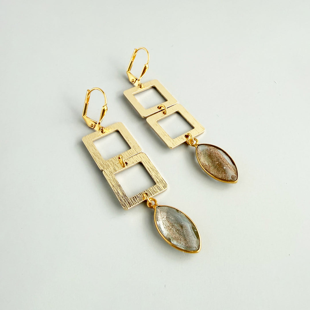 Copper Infused Stone and Square Dangle Earrings in Brushed Gold
