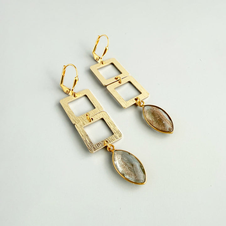 Copper Infused Stone and Square Dangle Earrings in Brushed Gold