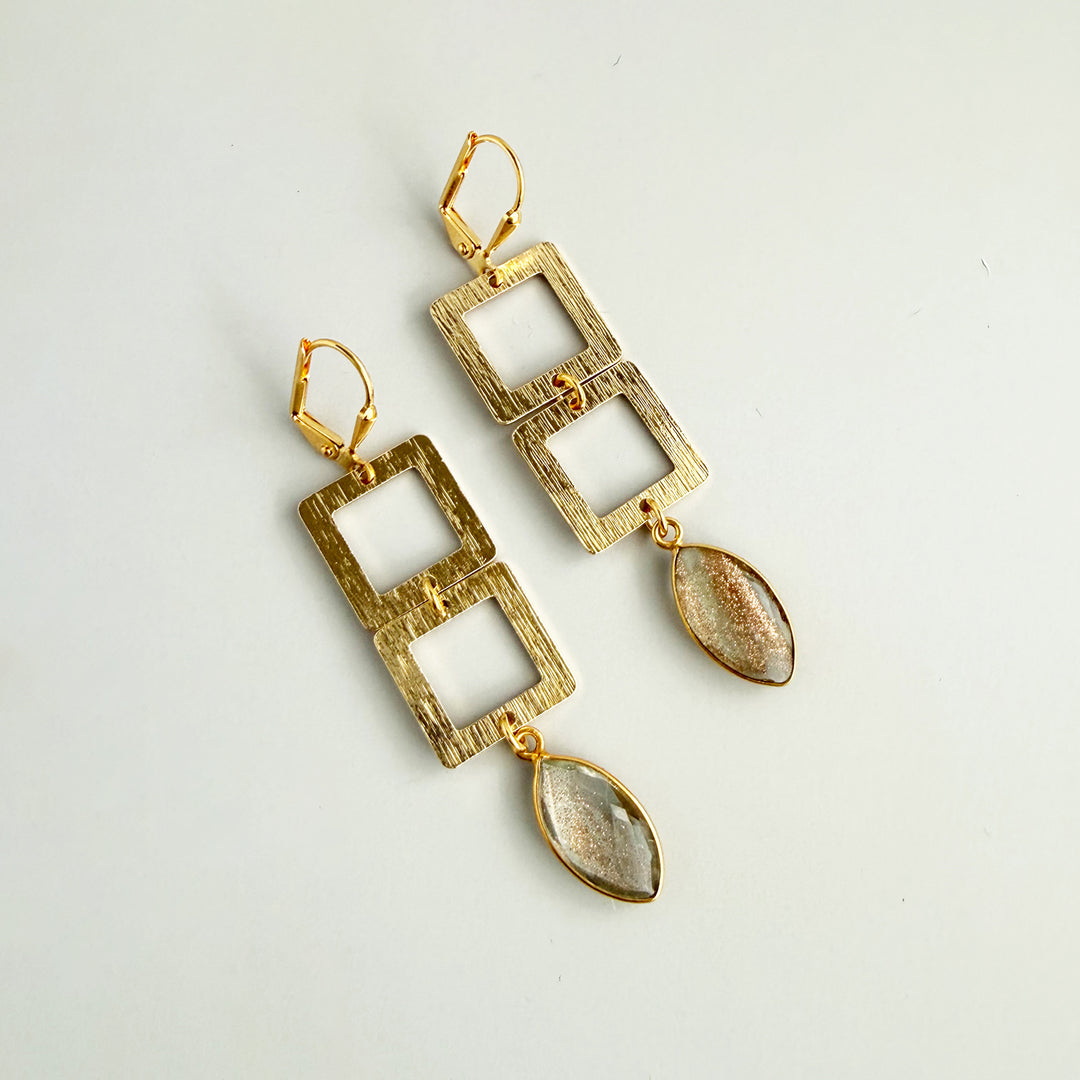 Copper Infused Stone and Square Dangle Earrings in Brushed Gold