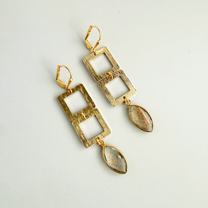 Copper Infused Stone and Square Dangle Earrings in Brushed Gold