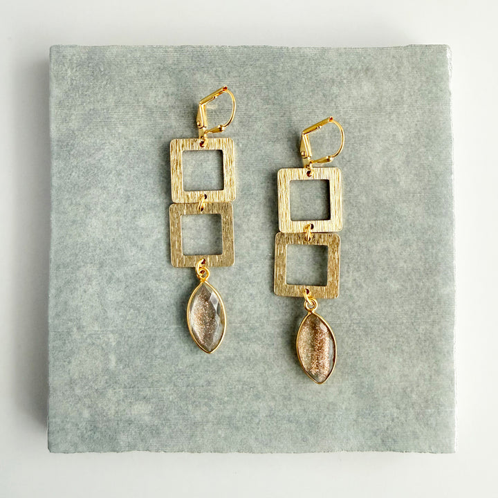 Copper Infused Stone and Square Dangle Earrings in Brushed Gold
