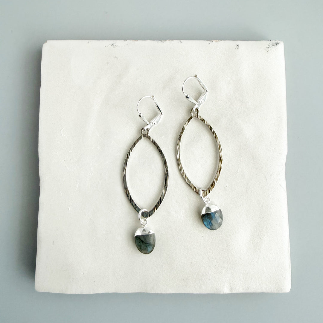 Labradorite Marquise Dangle Earrings in Brushed Silver
