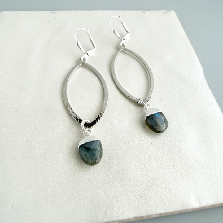 Labradorite Marquise Dangle Earrings in Brushed Silver