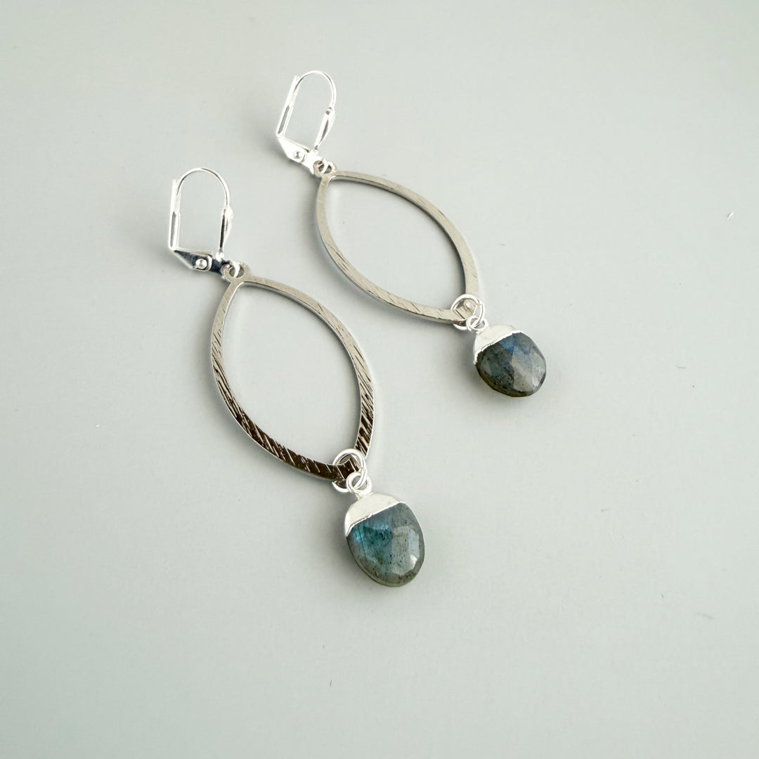 Labradorite Marquise Dangle Earrings in Brushed Silver