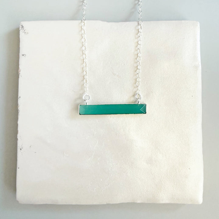 Thin Aqua Chalcedony Bar Necklace in Silver