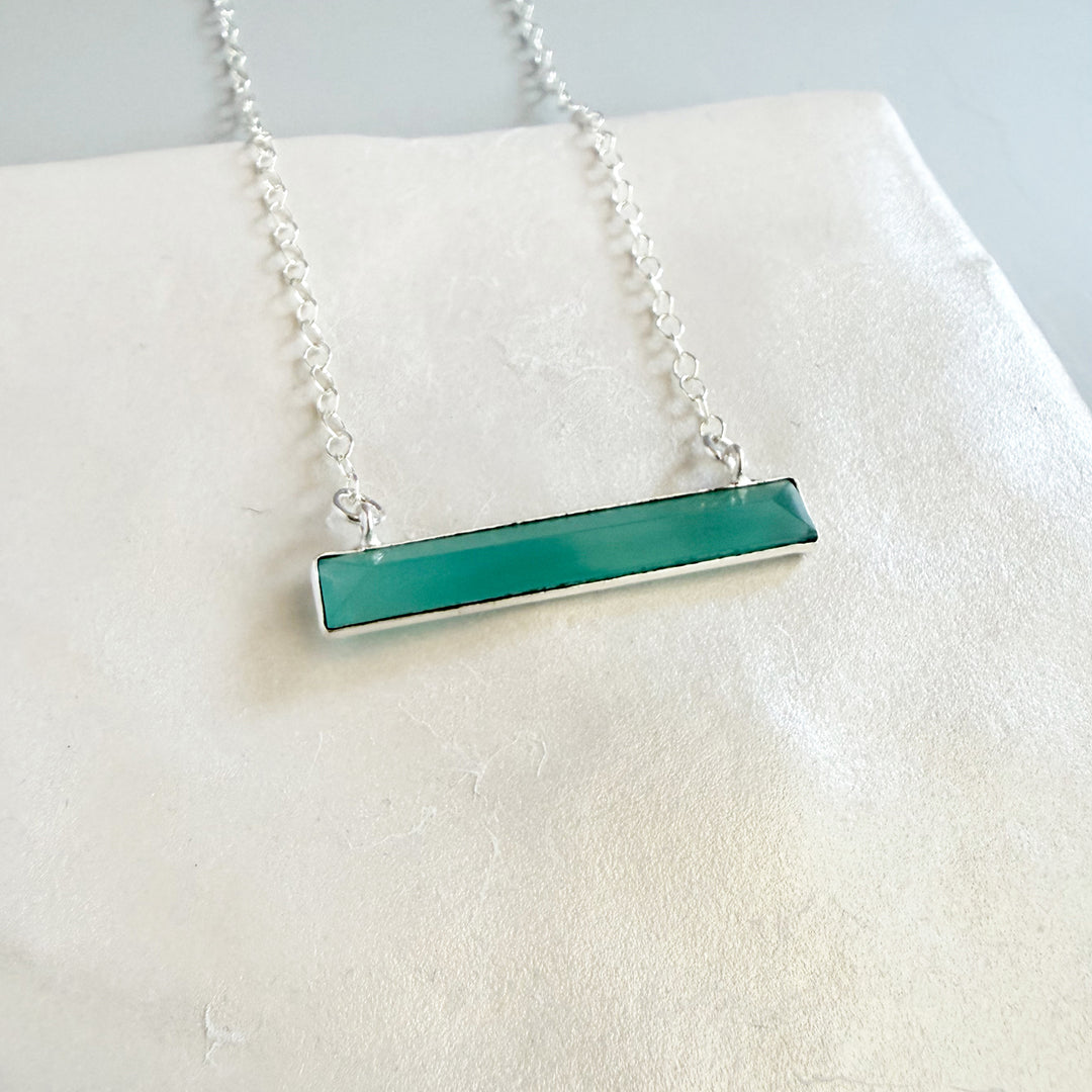 Thin Aqua Chalcedony Bar Necklace in Silver