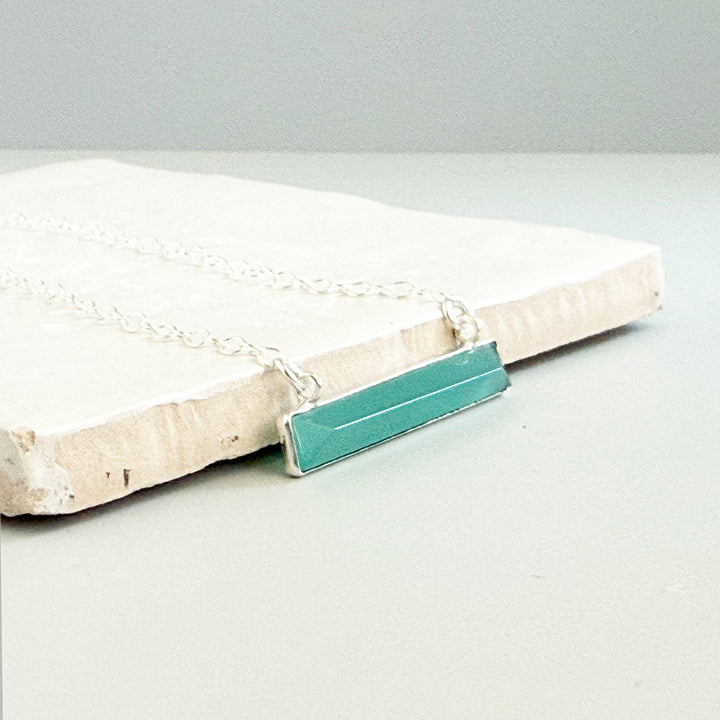 Thin Aqua Chalcedony Bar Necklace in Silver