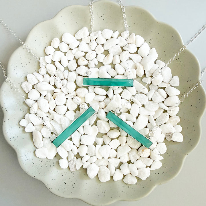 Thin Aqua Chalcedony Bar Necklace in Silver