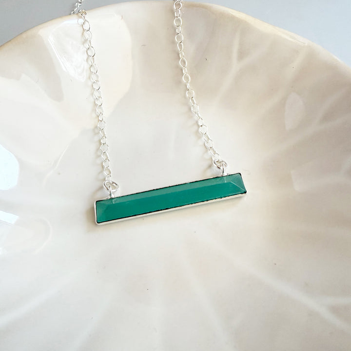 Thin Aqua Chalcedony Bar Necklace in Silver