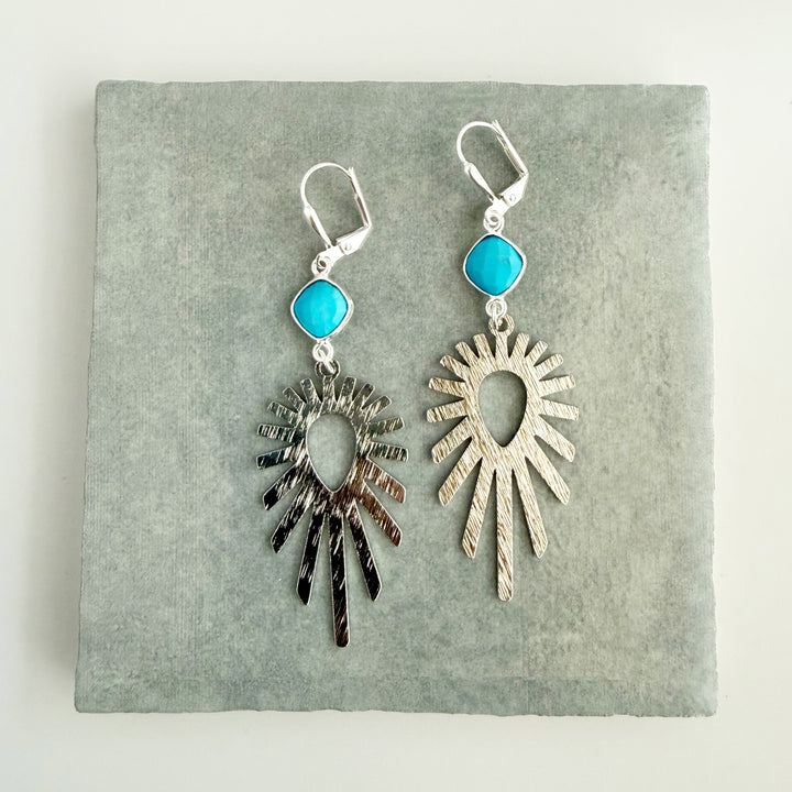 Turquoise Sunburst Statement Earrings in Brushed Silver