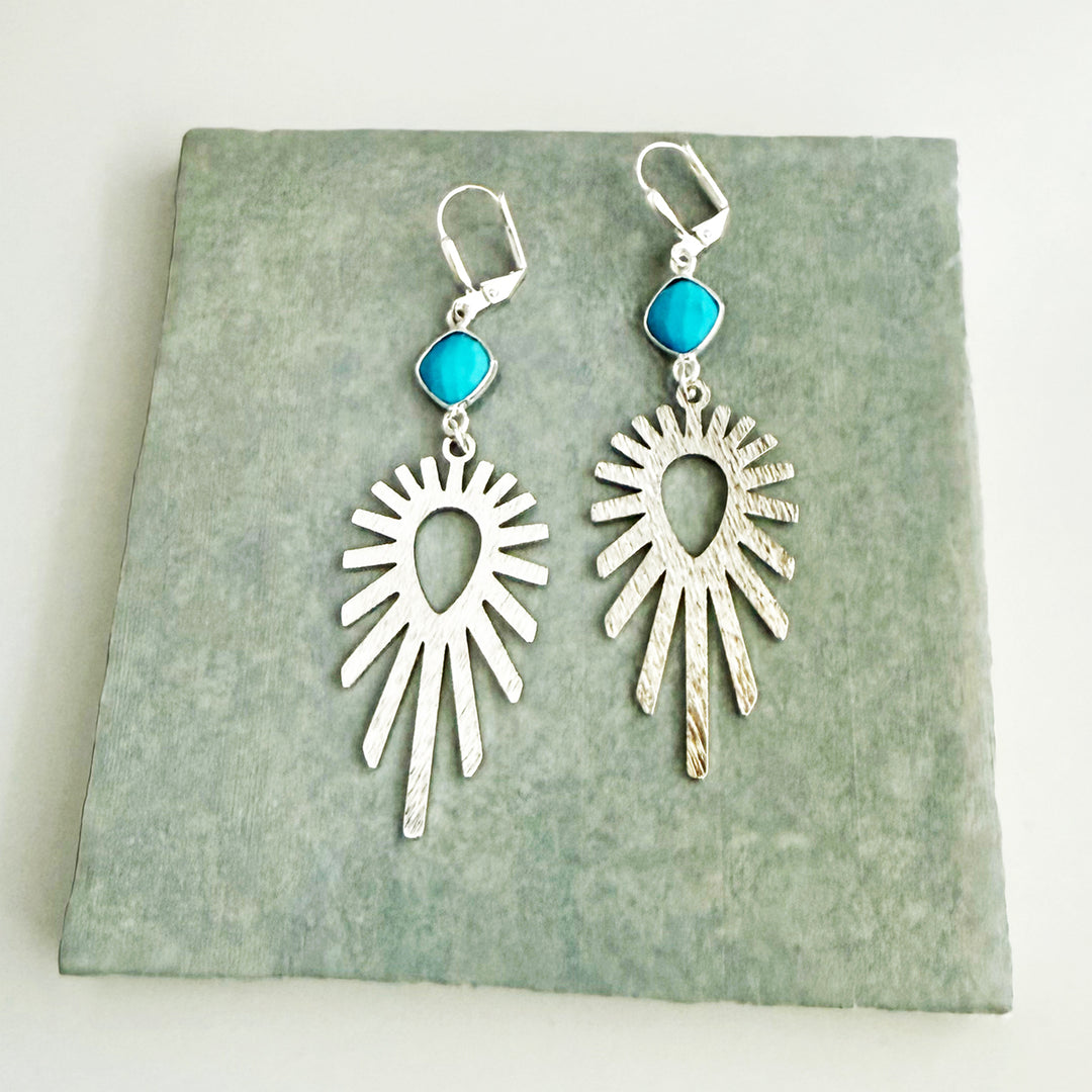 Turquoise Sunburst Statement Earrings in Brushed Silver