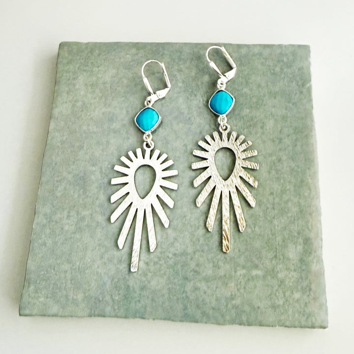Turquoise Sunburst Statement Earrings in Brushed Silver