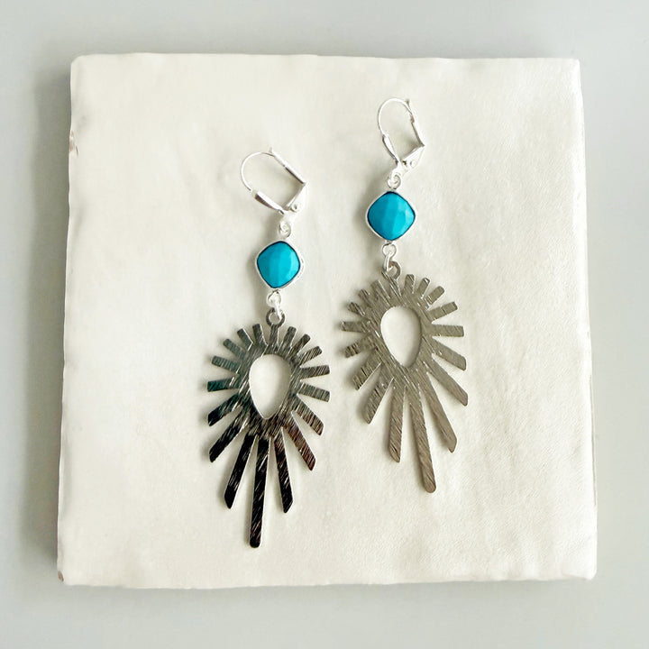 Turquoise Sunburst Statement Earrings in Brushed Silver