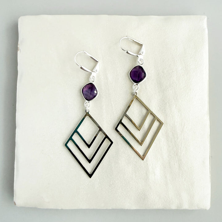 Amethyst Layered Diamond Statement Earrings in Silver