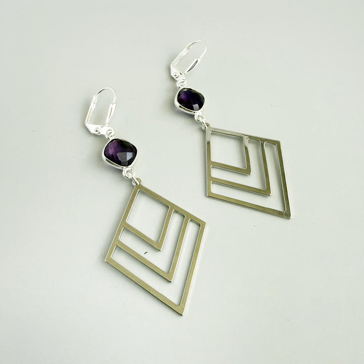 Amethyst Layered Diamond Statement Earrings in Silver