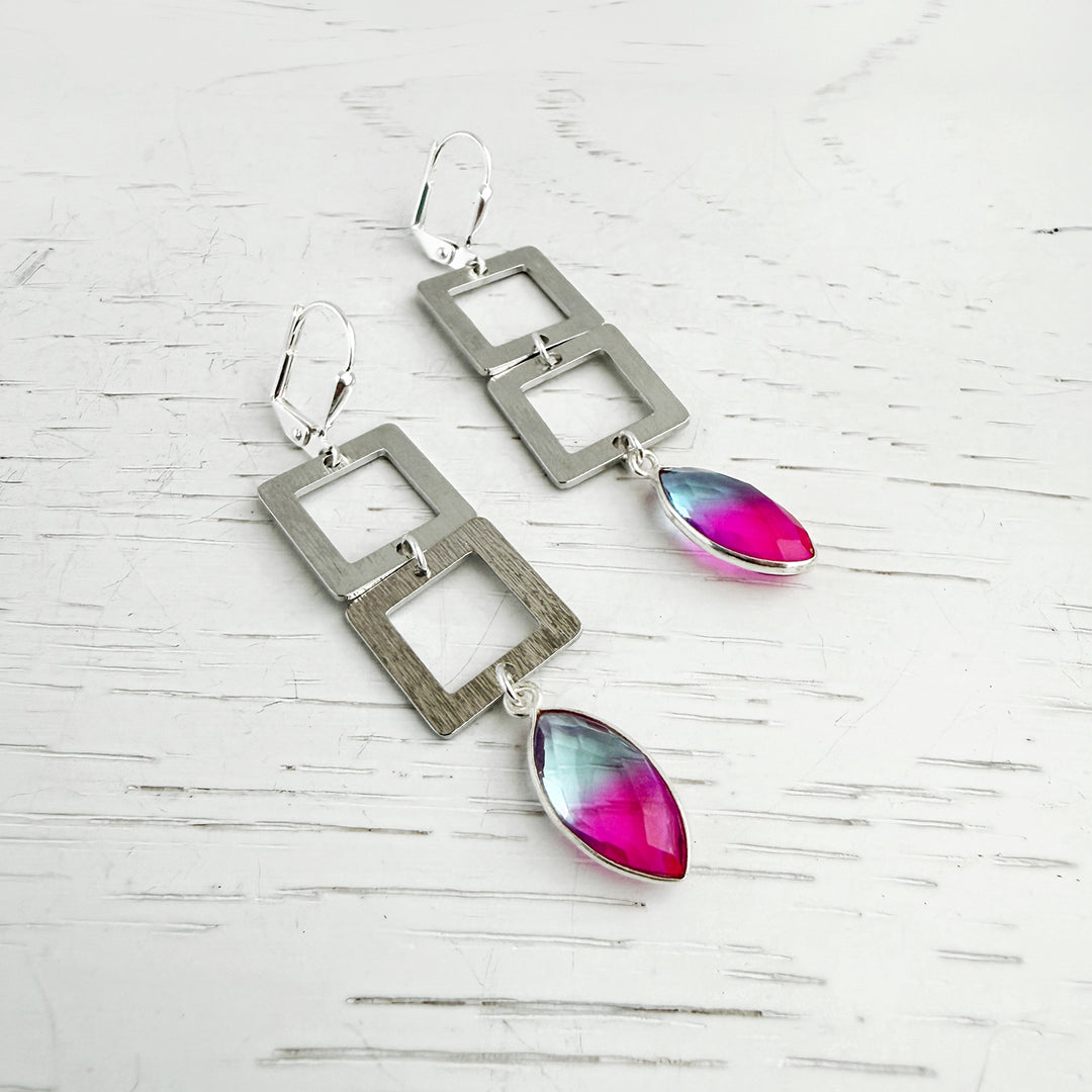 Pink Blue Aura Quartz Square Dangle Earrings in Brushed Silver
