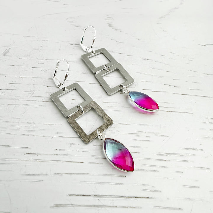 Pink Blue Aura Quartz Square Dangle Earrings in Brushed Silver
