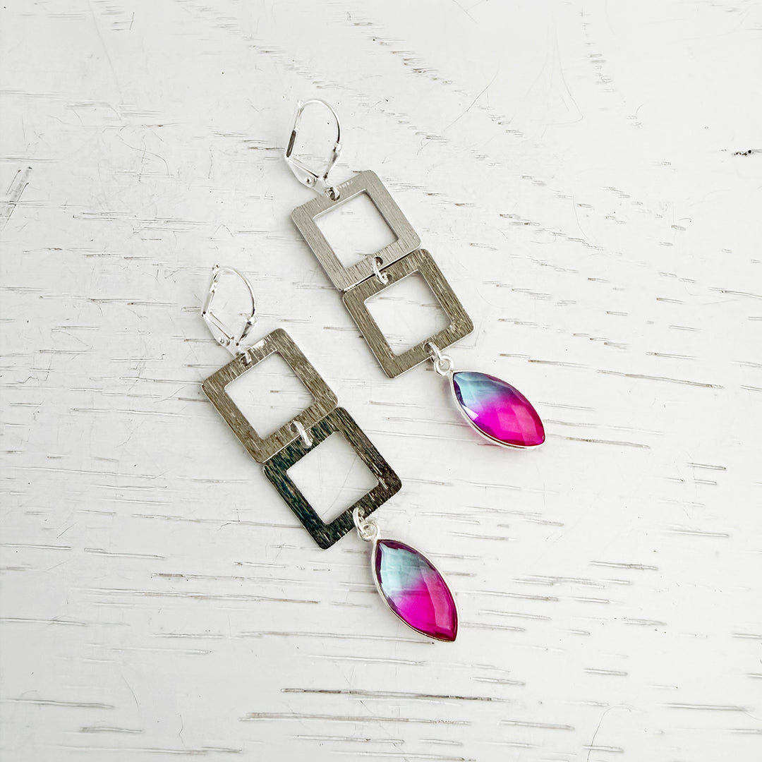Pink Blue Aura Quartz Square Dangle Earrings in Brushed Silver