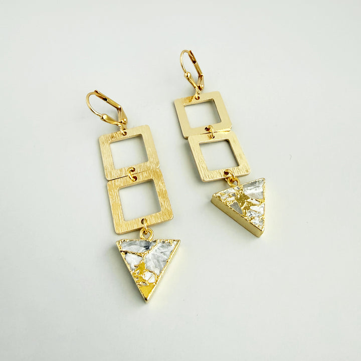 White Mojave Triangle and Square Dangle Earrings in Brushed Gold