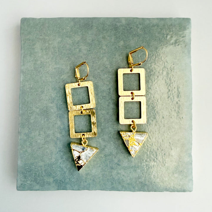 White Mojave Triangle and Square Dangle Earrings in Brushed Gold