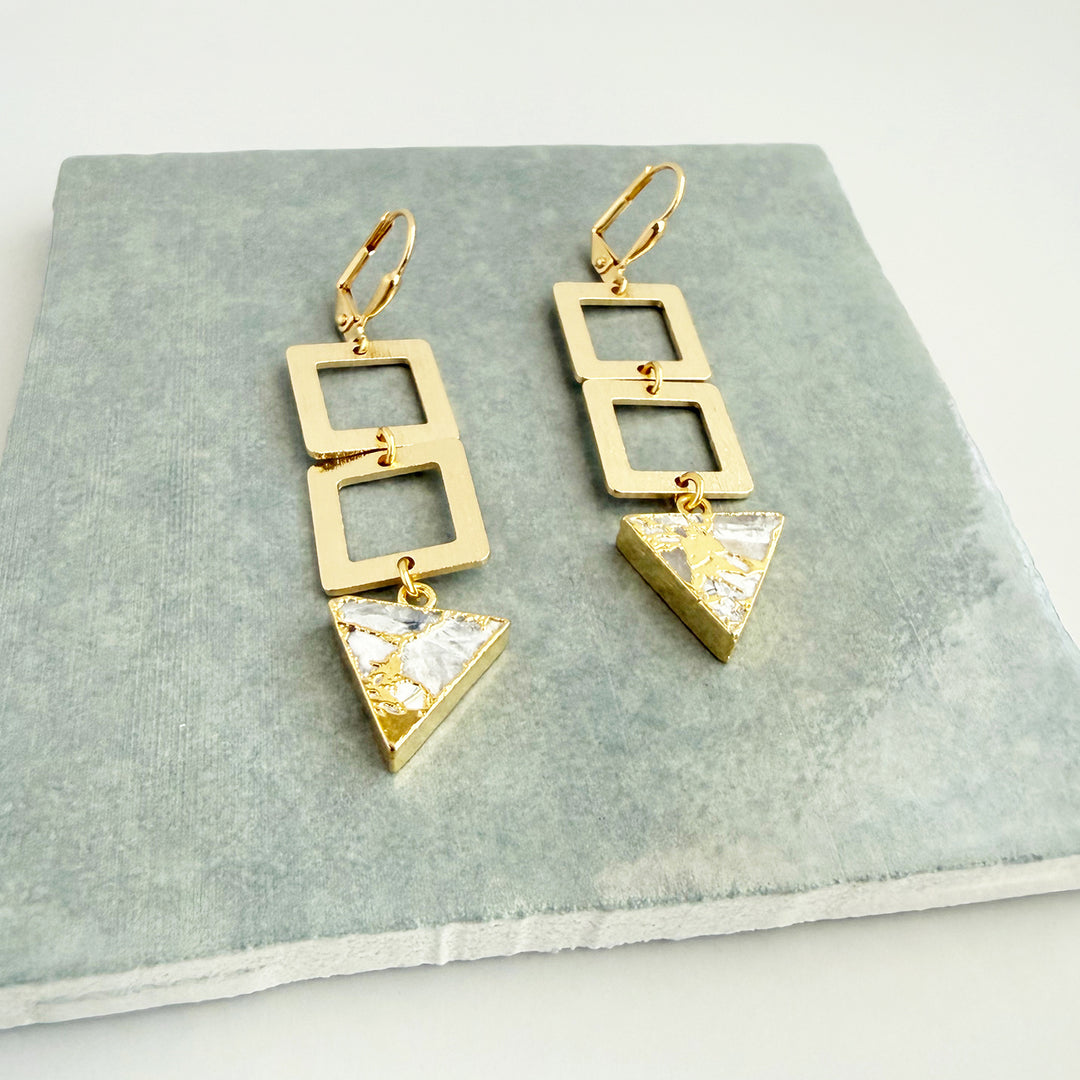 White Mojave Triangle and Square Dangle Earrings in Brushed Gold