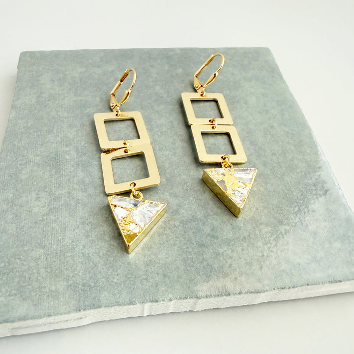 White Mojave Triangle and Square Dangle Earrings in Brushed Gold